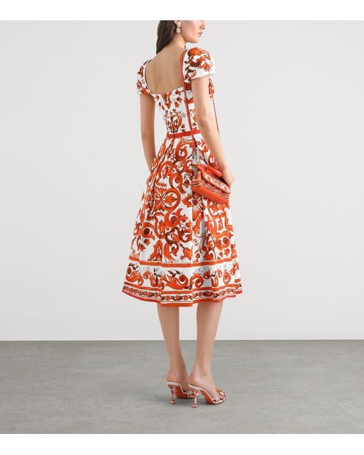 Dolce & Gabbana Red Cotton Majolica Print Midi Dress