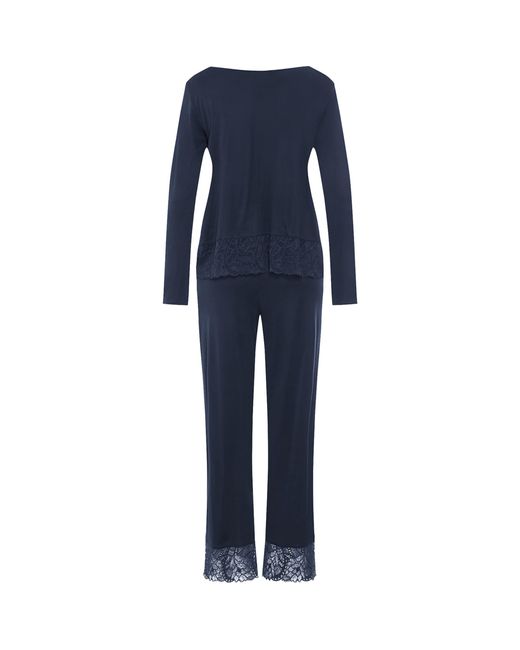 Hanro Blue Lace-Trim Long-Sleeve Pyjamas