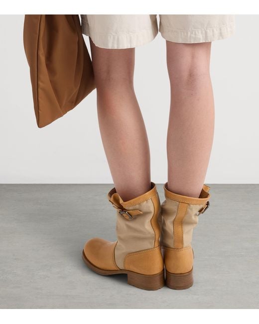 Prada Brown Leather-Canvas Mid-Calf Boots 30