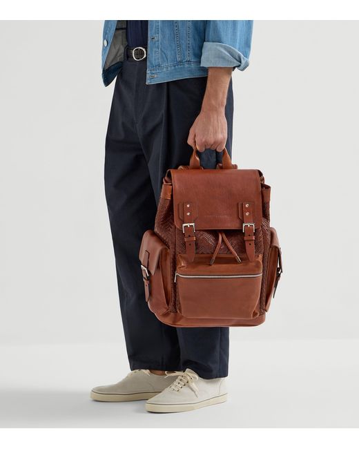 Brunello Cucinelli Brown Leather Woven Backpack for men