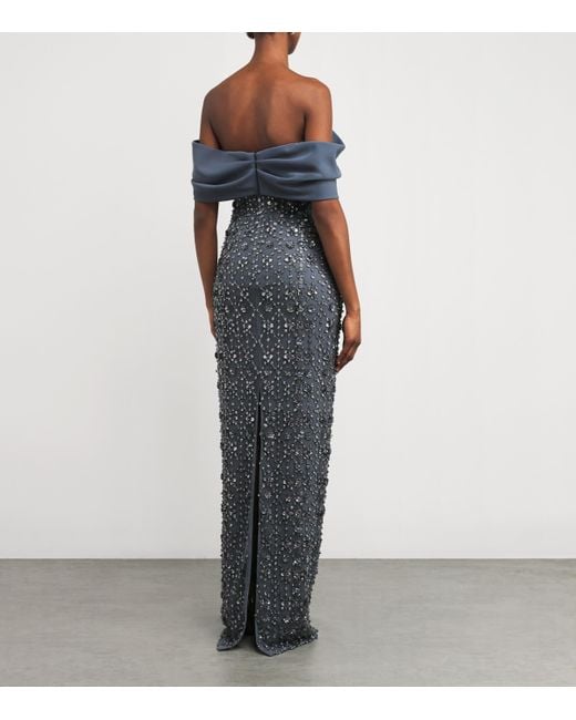Pamella Roland Blue Embellished Off-The-Shoulder Gown
