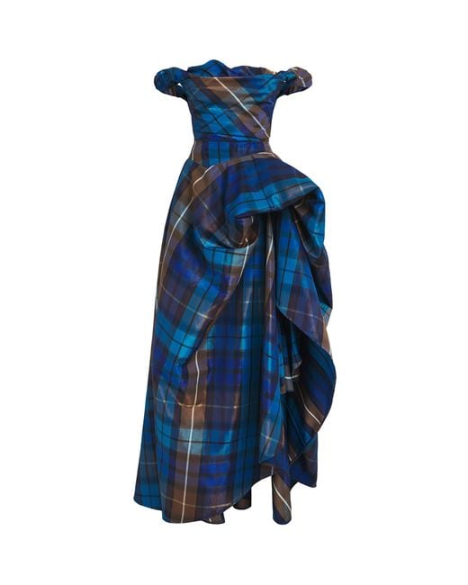 Vivienne Westwood Blue Tartan Off-The-Shoulder Chichi Gown