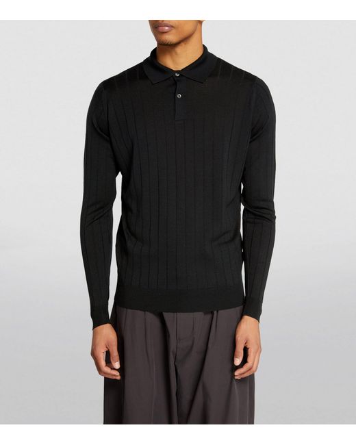 John Smedley Black Merino Wool Long-sleeve Polo Shirt for men