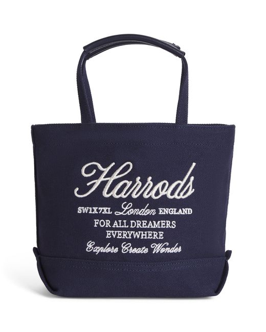 Harrods Blue Small Embroidered Logo Tote Bag
