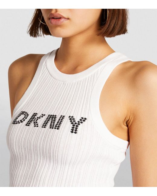 DKNY White Ribbed Logo Tank Top