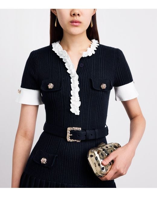 Self-Portrait Black Ribbed Ruffle-Detail Midi Dress