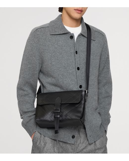 Burberry Black Small Leather Check-Embossed Messenger Bag for men
