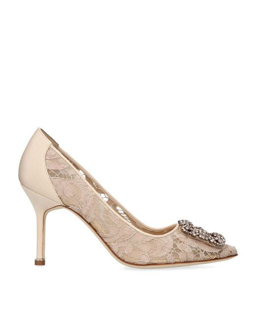 Manolo Blahnik Lace Hangisi Pumps 90 in Natural | Lyst