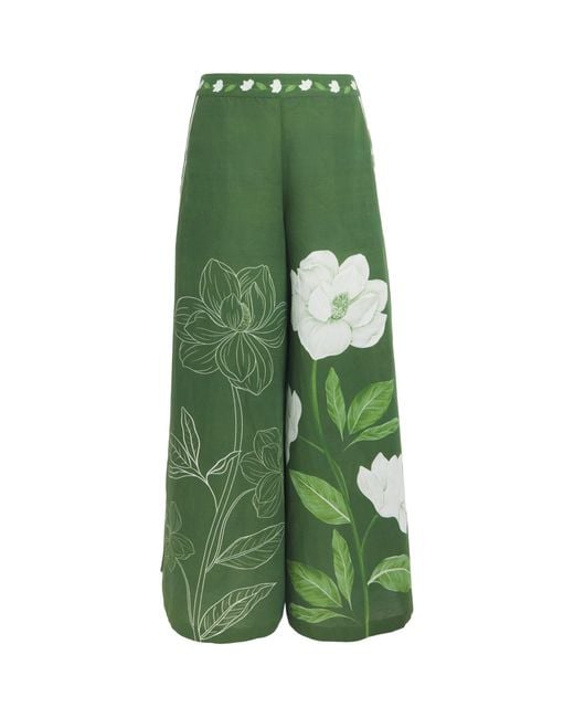 VERANDAH Green Floral Wide-Leg Trousers