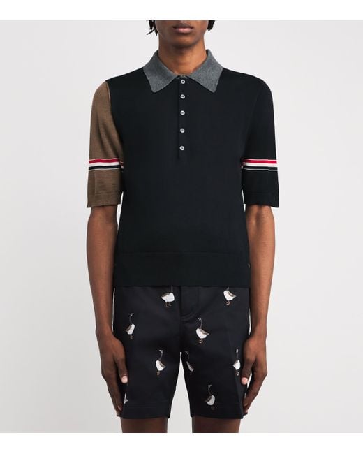 Thom Browne Black Virgin Wool Tricolour Polo Shirt for men