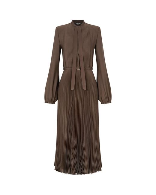 Tom Ford Brown Silk Plissé Sunray Maxi Shirt Dress