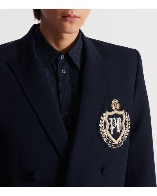Balmain Blue Wool Crystal-Embellished Emblem Blazer for men