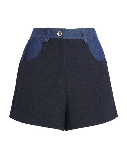 Maje Blue Tweed Denim-Trim Shorts