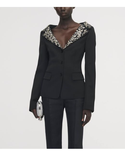 McQueen Black Wool Beaded-Collar Blazer