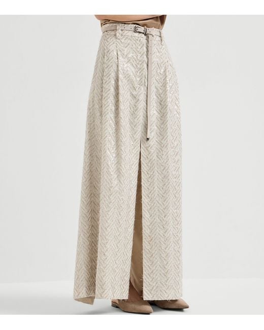 Brunello Cucinelli White Linen Sequinned Maxi Skirt