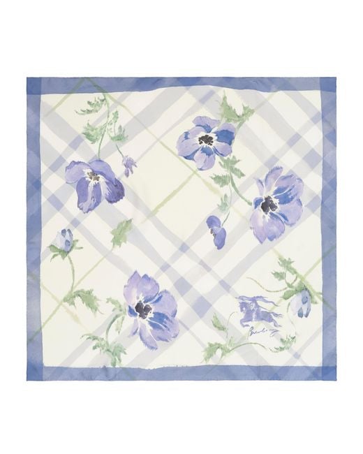 Burberry Blue Silk Watercolour Check Scarf