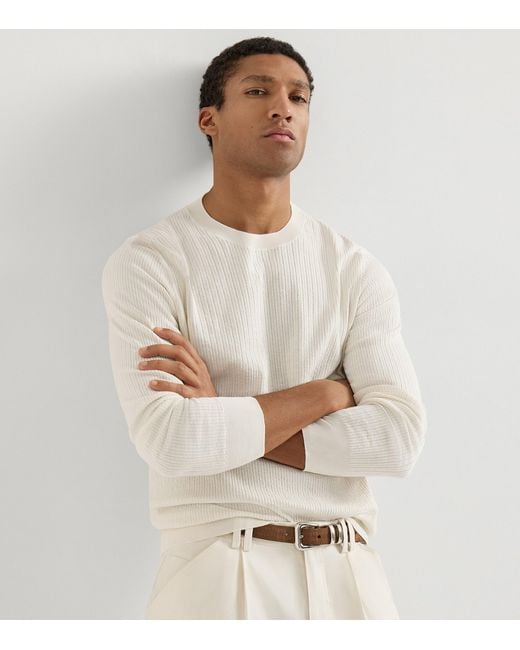 Brunello Cucinelli White Cotton Ribbed Sweater for men