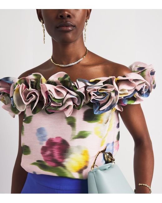 Carolina Herrera Pink Linen-Silk Floral Off-The-Shoulder Top