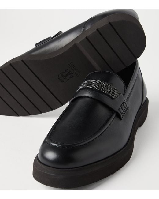 Brunello Cucinelli Black Leather Monili Penny Loafers