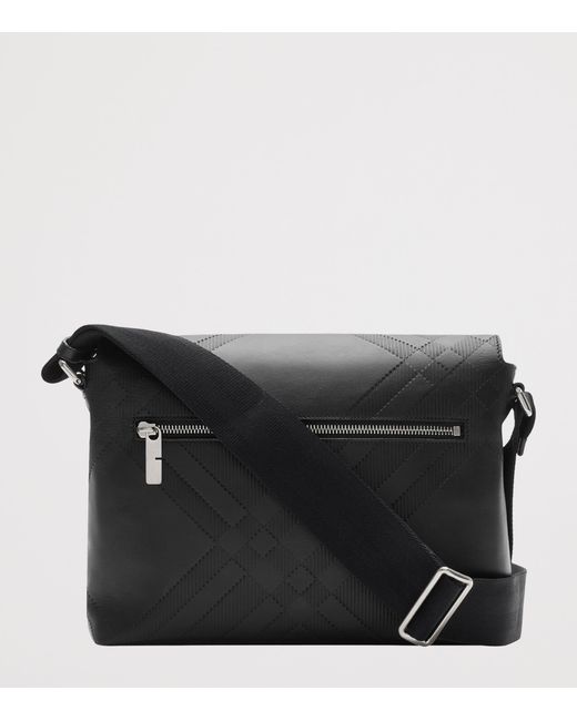Burberry Black Leather Check-Embossed Messenger Bag for men