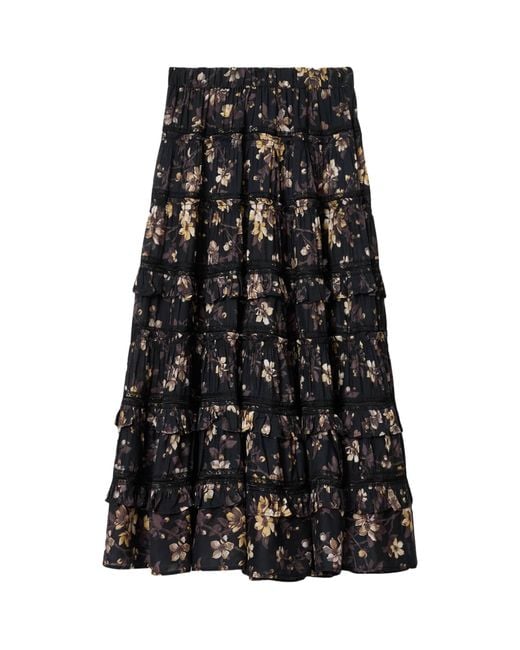 AllSaints Black Floral Print Talia Midi Skirt