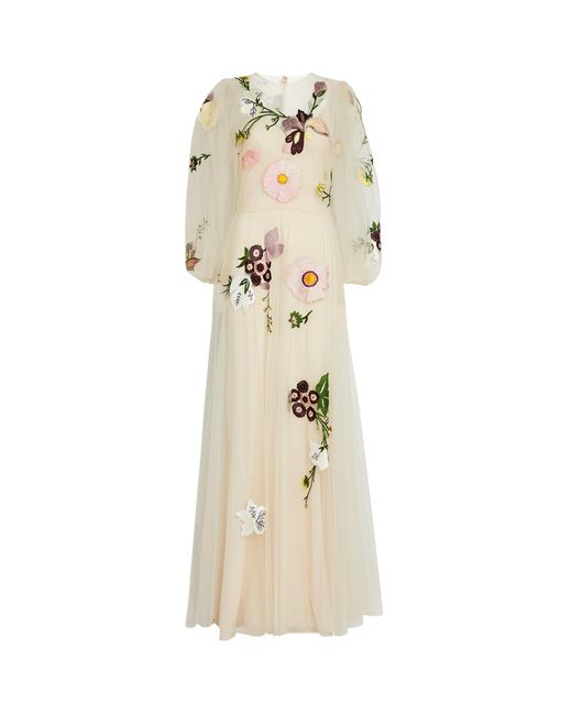 Monique Lhuillier Natural Floral-embroidered Gown