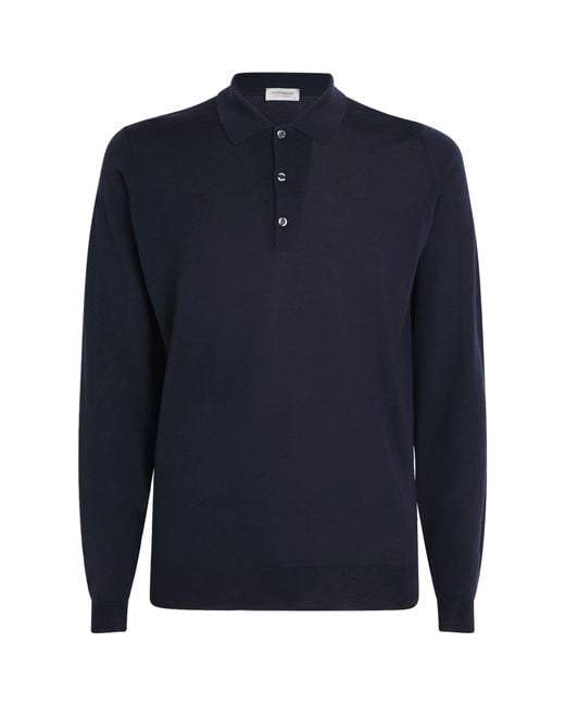 John Smedley Blue Extra Fine Merino Long-Sleeve Herbie Polo Shirt for men