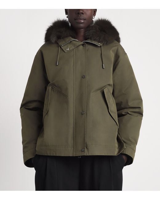 Yves Salomon Green Down Fur-Trim Technical Parka Coat