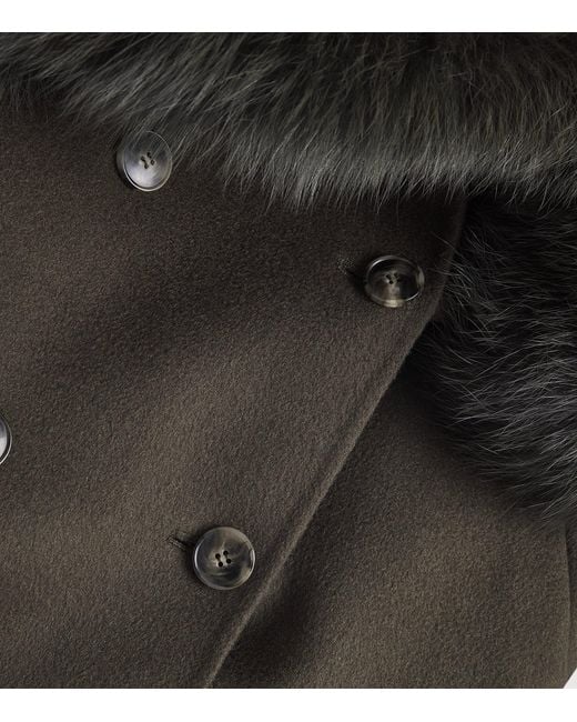 Yves Salomon Black Fur-Trim Double-Breasted Coat
