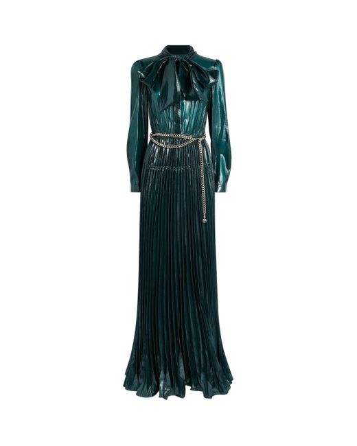 Self-Portrait Green Metallic Pussybow Maxi Dress