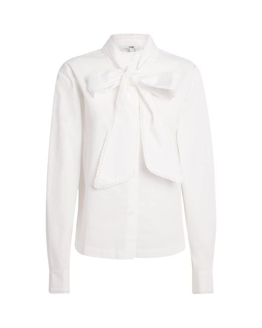 Maje White Cotton Pussybow Shirt