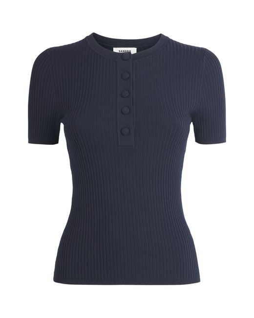 Sandro Blue Rib-Knit Short-Sleeve Sweater