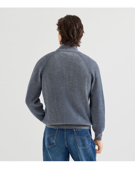 Brunello Cucinelli Gray Cashmere Ribbed Zip-Up Cardigan for men