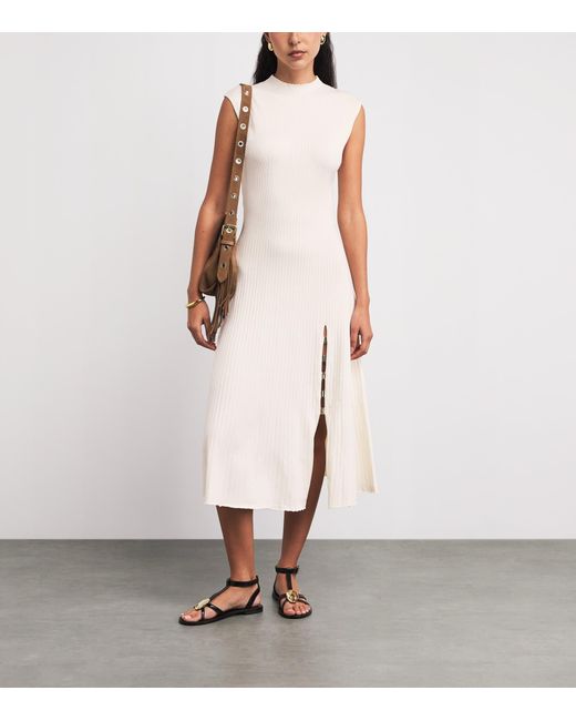 Maje White Rib-Knit Midi Dress