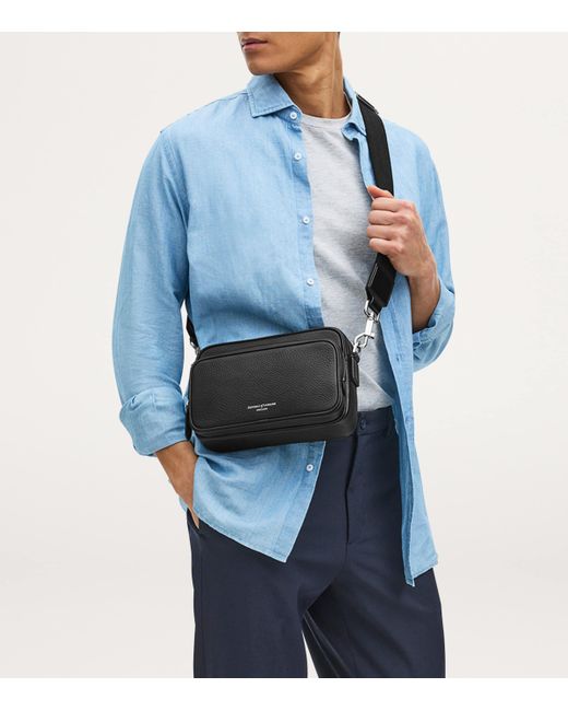 Aspinal Black Leather Reporter East West Messenger Bag for men