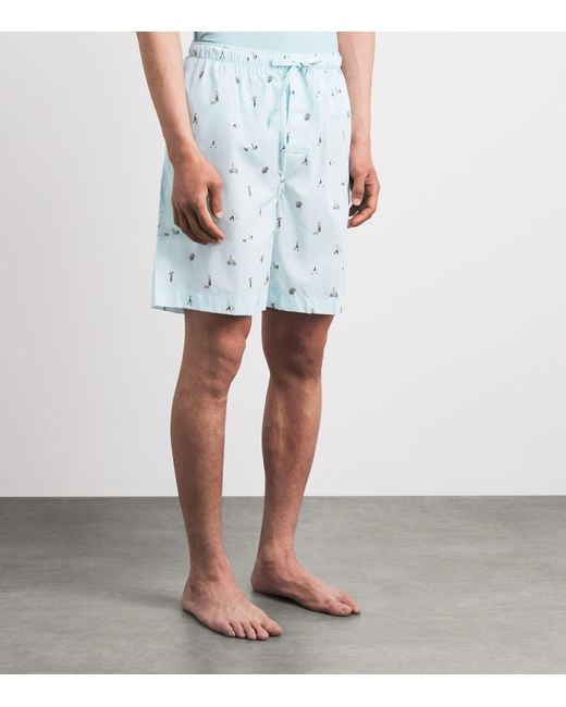 Derek Rose Blue Cotton Printed Ledbury Lounge Shorts for men
