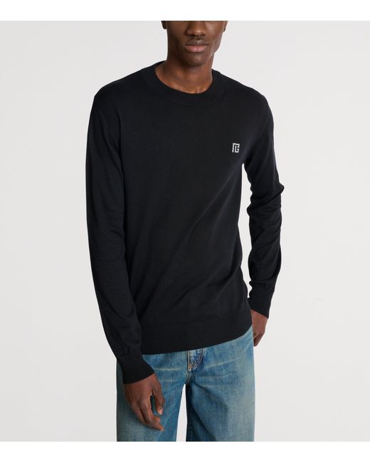 Balmain Blue Silk-Blend Logo Sweater for men