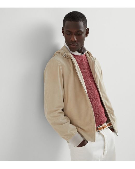 Brunello Cucinelli White Suede Bomber Jacket for men