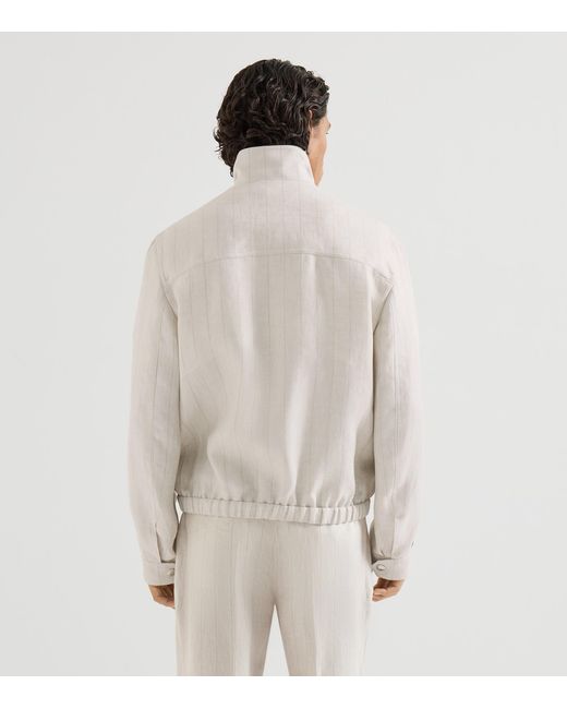 Brunello Cucinelli White Linen Pinstripe Bomber Jacket for men