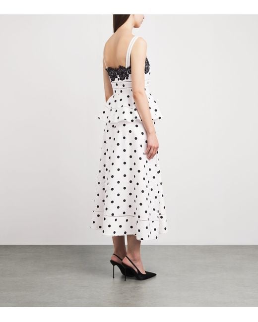 Self-Portrait White Linen-Cotton Polka Dot Midi Dress