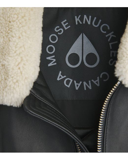 Moose Knuckles Black Shearling-Trim Leather Bomber Jacket for men