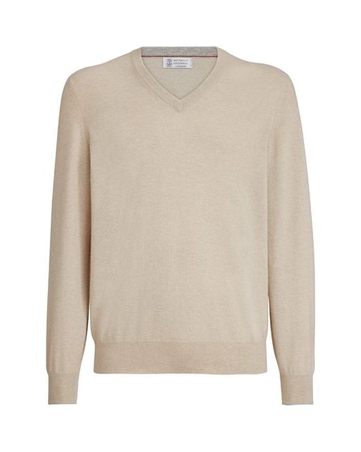 Brunello Cucinelli White Cashmere V-Neck Sweater for men