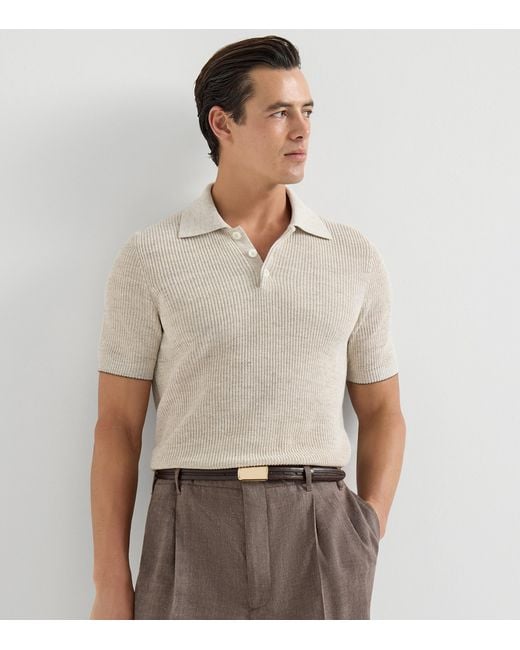 Brunello Cucinelli White Linen-Cotton Knitted Polo Sweater for men