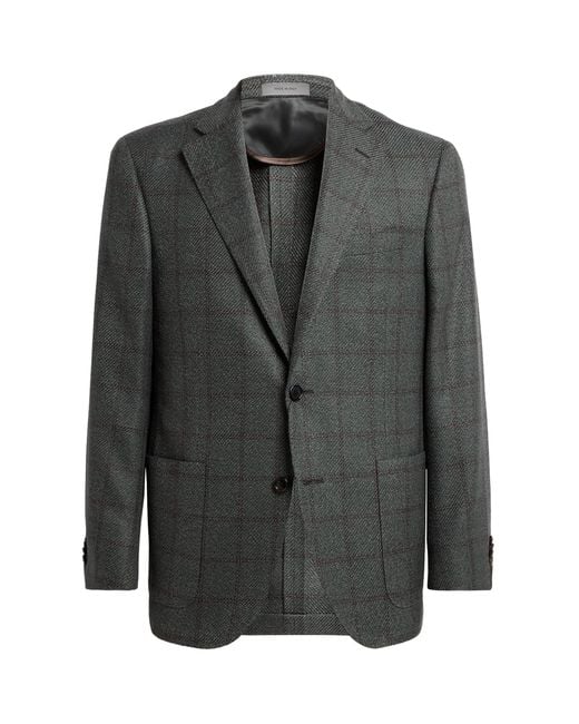 Corneliani Black Virgin Wool-Silk-Cashmere Check Blazer for men