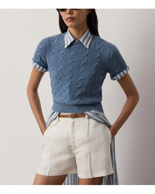 Ralph Lauren Blue Cashmere Cable-Knit Cropped Sweater