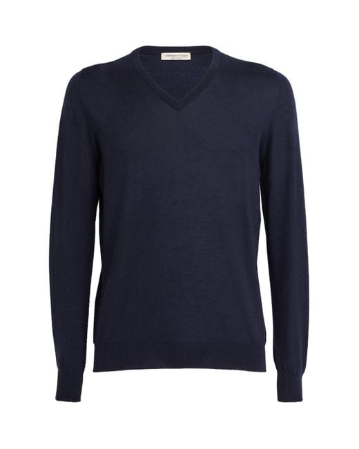 Johnstons Blue Superfine Cashmere V-Neck Sweater for men