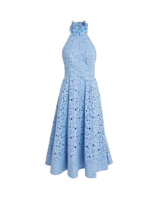 Rebecca Vallance Blue Cotton Embroidered Halterneck Nuvola Midi Dress