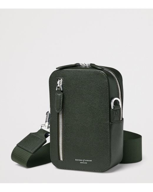 Aspinal Green Leather Reporter North South Cross-Body Bag for men