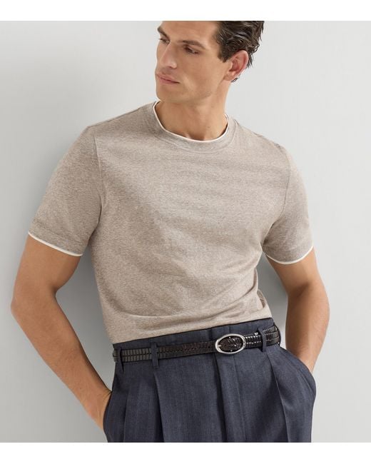 Brunello Cucinelli White Linen-Cotton Jersey Faux-Layered T-Shirt for men