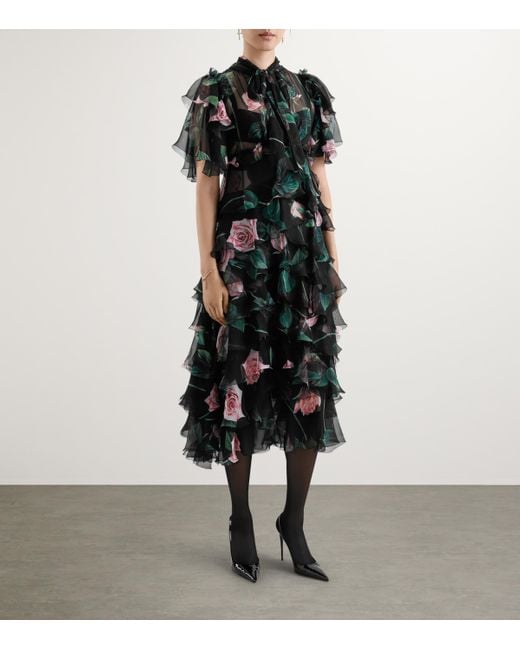 Dolce & Gabbana Black Rose- Chiffon Calf-Length Dress With Ruffles And Flounces